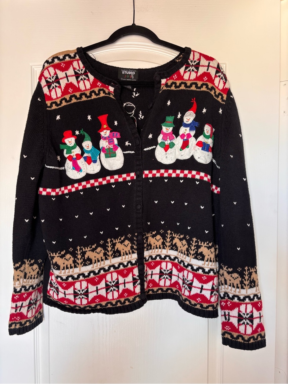 Designer Originals Studio Vntg Embroidered Knit Snowman Christmas Cardigan L